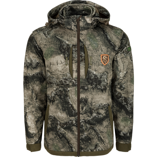 A versatile camouflage jacket with removable vest and scent control technology, perfect for hunters.