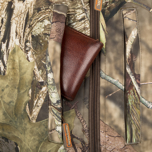 Camo Tech Vest with Agion Active XL®: A brown leather wallet in the pocket of a camouflage jacket.