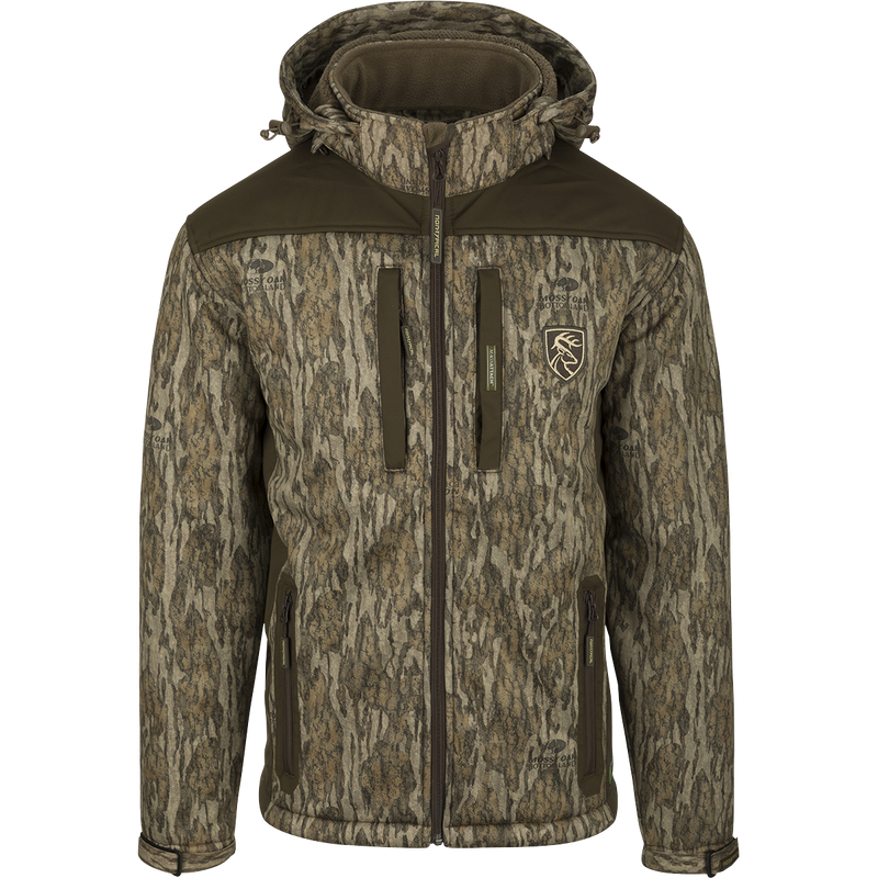 Standstill Windproof Jacket with a hood, featuring a deer logo and a zipper. Perfect for late season hunting with its durable fabric and Agion Active XL™ scent control technology.
