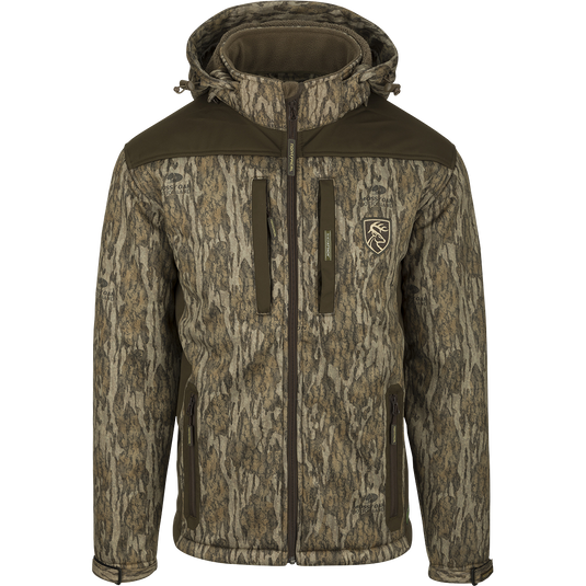Standstill Windproof Jacket with a hood, featuring a deer logo and a zipper. Perfect for late season hunting with its durable fabric and Agion Active XL™ scent control technology.