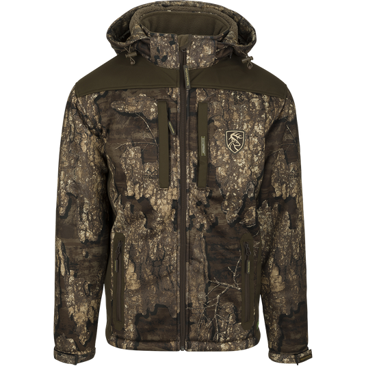 Standstill Windproof Jacket with Agion Active XL™, featuring camouflage pattern and a deer logo. Perfect for late season hunts with its durable fabric and scent control technology.