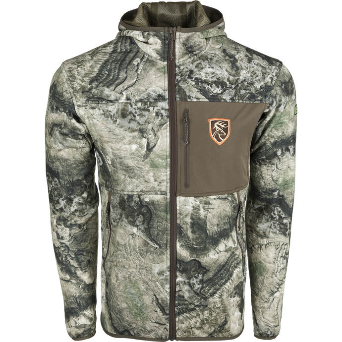 Performance Full Zip Fleece Hoodie with Agion Active XL: Lightweight camo jacket for hot days, featuring scent control technology and a zippered chest pocket.