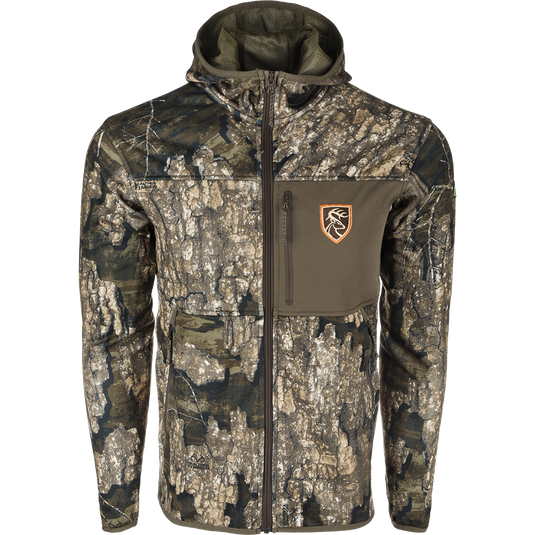 A lightweight performance hoodie with a camo pattern and a zipper.