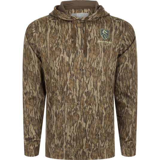 Performance Hoodie: A camouflage hoodie with a logo on it, featuring a double-lined hood for wind protection and extra warmth. Soft, combed fleece interior enhances comfort, heat retention, and moisture management. Kangaroo pouch provides additional warmth. Improved stretch and fit for increased range-of-motion.