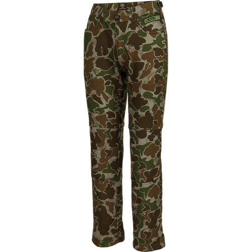 A pair of women's Endurance Jean Cut Pants with Agion Active XL, in camouflage pattern.