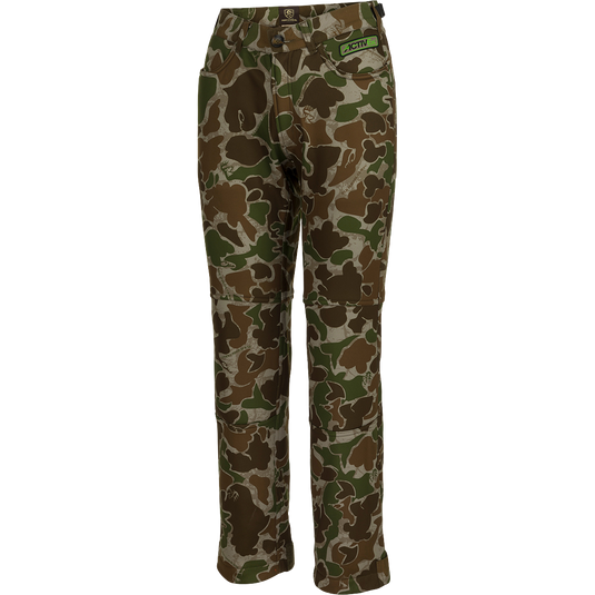 A pair of women's Endurance Jean Cut Pants with Agion Active XL, in camouflage pattern.
