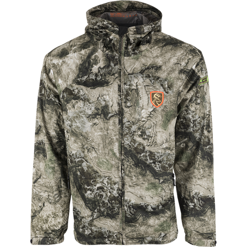 Ultralight waterproof jacket with logo, deer logo, bag, and sign. Perfect for hunting and outdoor activities.