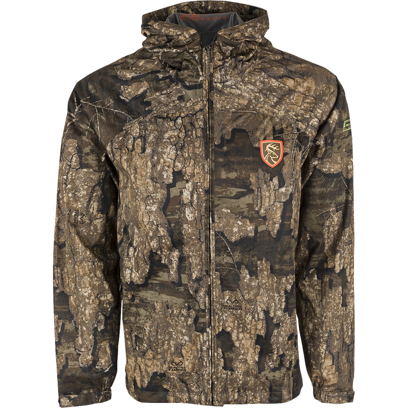 Ultralight waterproof jacket with camouflage pattern and deer logo. Features 3-layer stretch fabric, odor control, and packable design.