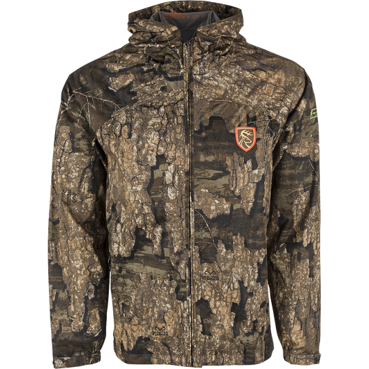 Ultralight waterproof jacket with camouflage pattern and deer logo. Features 3-layer stretch fabric, odor control, and packable design.
