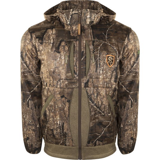 A mid-weight camouflage jacket with scent control technology and multiple pockets for hunters, from Drake Waterfowl.