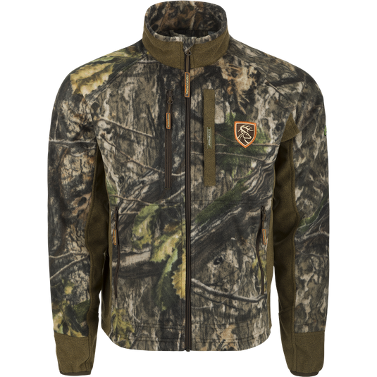Windproof Layering Jacket with Agion Active XL®: Camouflage jacket with logo, deer logo, close-up of jacket, pocket, and fleece.
