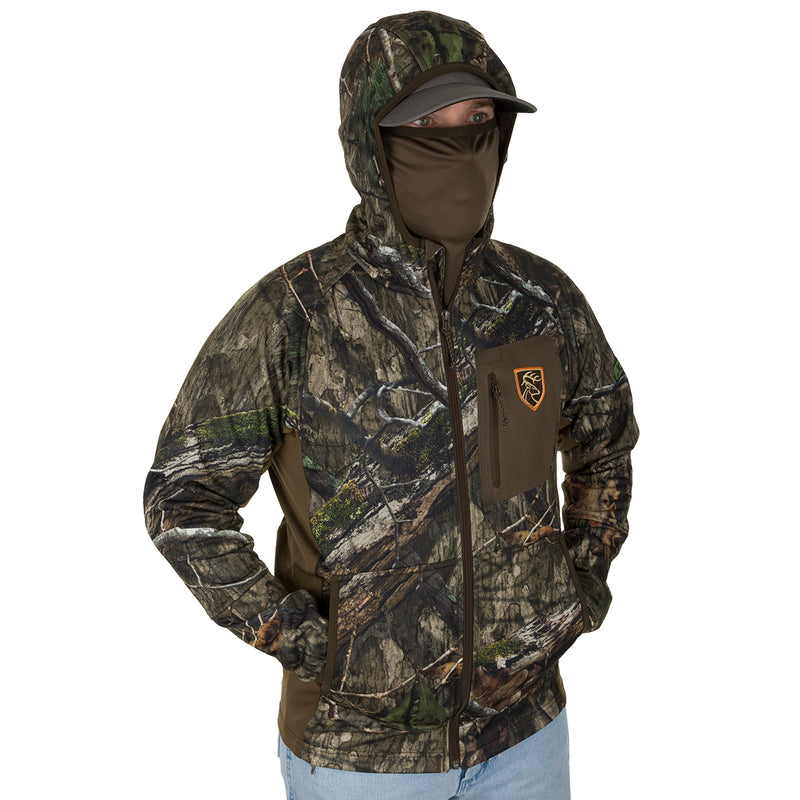 A man wearing a lightweight camouflage Pursuit Full Zip Hoodie with Agion Active XL® for hot days.