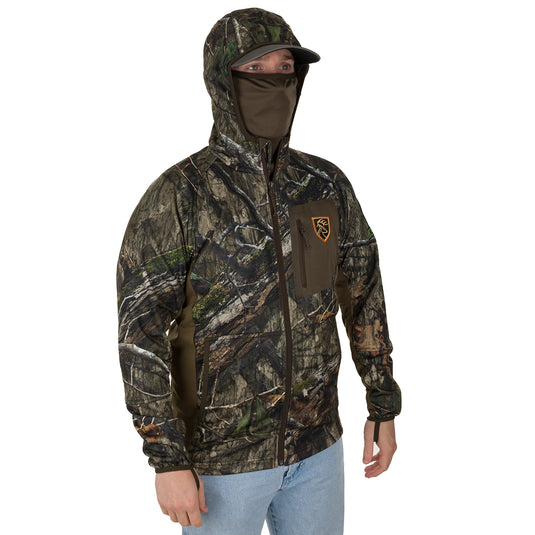 A man wearing a lightweight camouflage jacket with a built-in facemask, perfect for hot days. The Pursuit Full Zip Hoodie with Agion Active XL® offers breathability and a vertical zippered chest pocket.