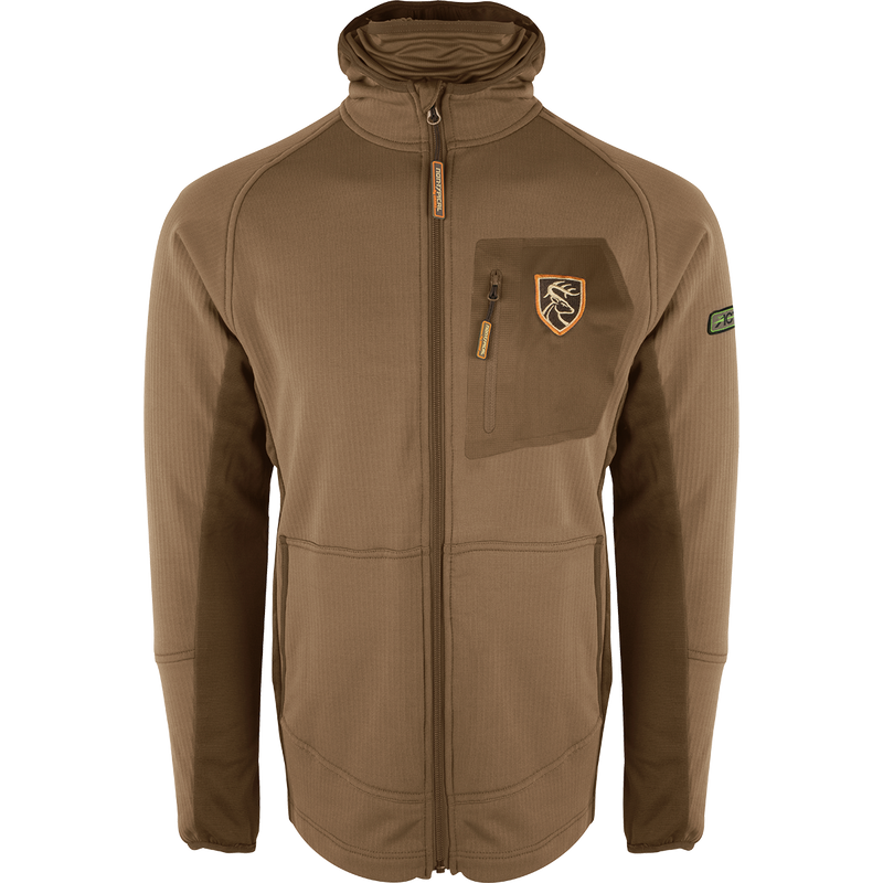 A lightweight brown jacket with a logo, perfect for warm days and cool nights. Features Agion Active XL® scent control technology.
