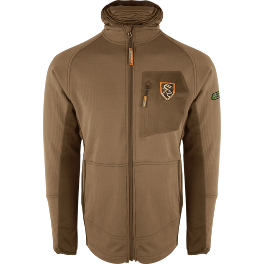 A lightweight brown jacket with a logo, perfect for warm days and cool nights. Features Agion Active XL® scent control technology.