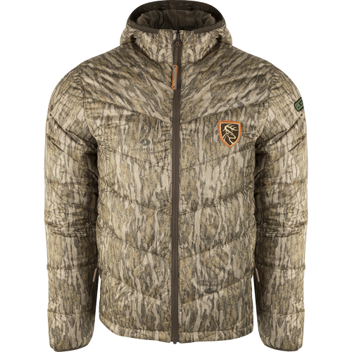 A lightweight down jacket with a logo, hood, and scent control technology. Perfect for cold hunts or chilly nights.
