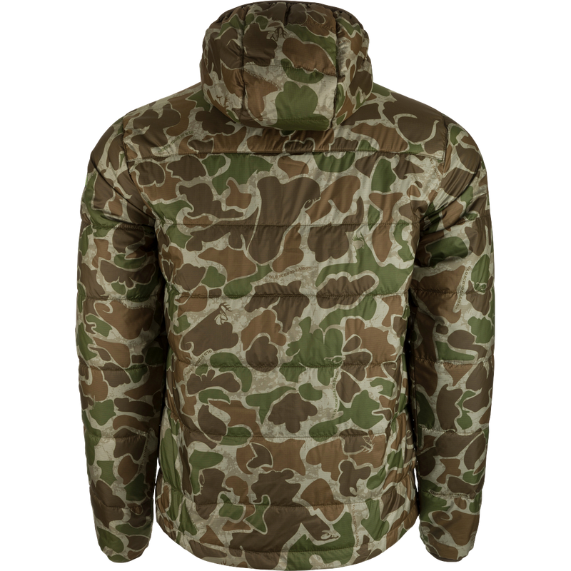 A camouflage jacket with a hood, perfect for cold hunts or chilly nights. Features synthetic down insulation and Agion Active XL® scent control technology.