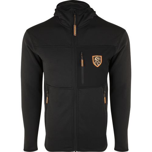 Blackout Full Zip Hoodie with Agion Active XL: A black jacket with a logo of a deer, zipper, and vertical zippered chest pocket. Lightweight and breathable, perfect for warm days and cool nights.