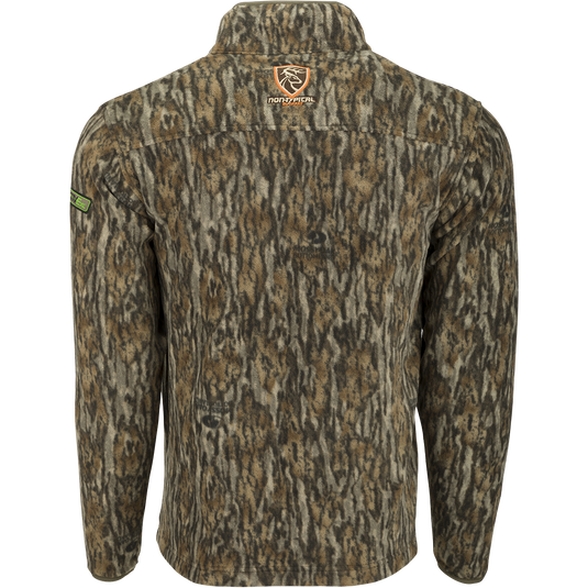 A jacket with a camouflage pattern made of 200-gram 4-Way Stretch Fleece. Features include scent control technology, zippered pockets, and elastic cuffs. Perfect for big game hunters.