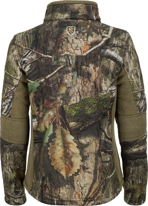 A close-up of a women's Silencer Jacket with a tree pattern, featuring Agion Active XL for odor control and vertical chest pockets.