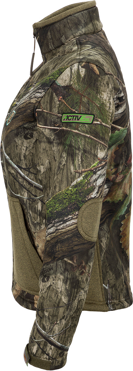 A close-up of a Women's Silencer Jacket with Agion Active XL, featuring a camouflage pattern and multiple pockets for storage.