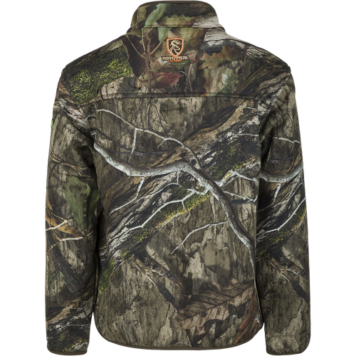 Youth Endurance 1/4 Zip Pullover with Agion Active XL: Camouflage jacket with deer logo, close-ups of jacket, pillow, tree bark, river, and tree trunk.