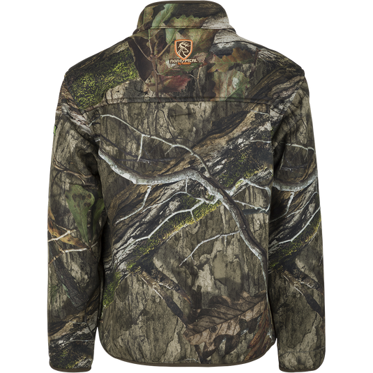 Youth Endurance 1/4 Zip Pullover with Agion Active XL: Camouflage jacket with deer logo, close-ups of jacket, pillow, tree bark, river, and tree trunk.