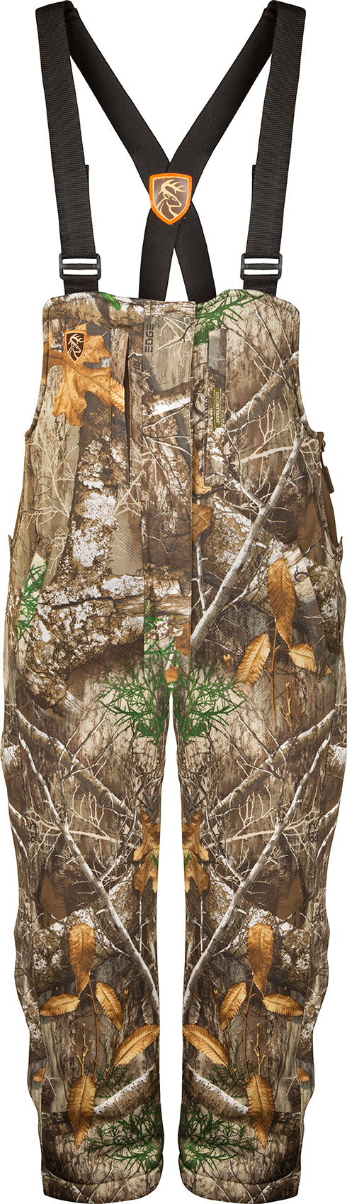 A pair of youth camouflage bibs from Drake Waterfowl's Youth Silencer Bib with Agion Active XL collection, featuring vertical pockets for hunting gear.
