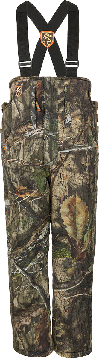 A pair of camouflage bibs with vertical pockets and lanyards for hunting gear. Youth Silencer Bib with Agion Active XL.