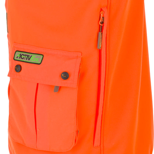 A close-up of a Youth Blaze Orange Vest with Agion Active XL. Features include vertical chest pockets, a front load game bag, and a large rear zippered storage pocket. Side entry fleece-lined hand-warmer pockets provide warmth on frigid days. Treated with Agion Active XL for scent control.