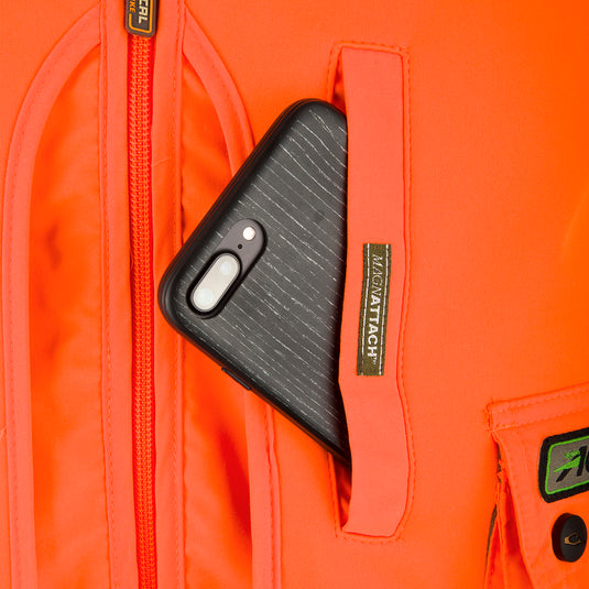 Youth Blaze Orange Vest with Agion Active XL, a cell phone in a pocket of a backpack, black cell phone with a camera, close up of a label, zipper, everyday carry, luggage and bags, leather, accessory, case, bag, backpack.