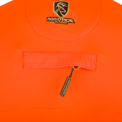 Youth Blaze Orange Vest with Agion Active XL, featuring a close-up of a shirt, logo, and fabric. Equipped with storage pockets and fleece-lined hand warmers for frigid days. Perfect for hunting and capturing odors.