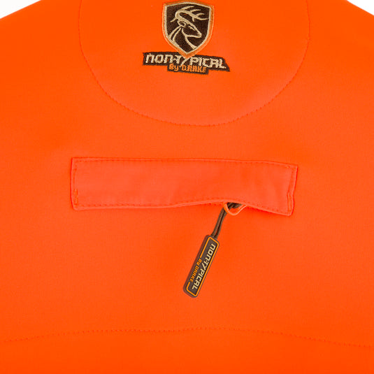 Youth Blaze Orange Vest with Agion Active XL, featuring a close-up of a shirt, logo, and fabric. Equipped with storage pockets and fleece-lined hand warmers for frigid days. Perfect for hunting and capturing odors.
