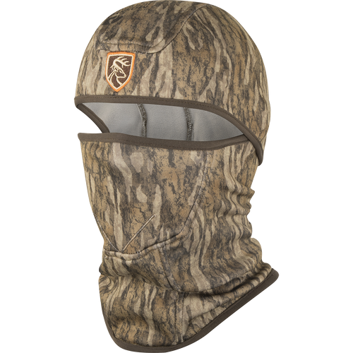 A camouflage balaclava with a logo, made of soft, stretchy fabric for full concealment and comfort in the field.