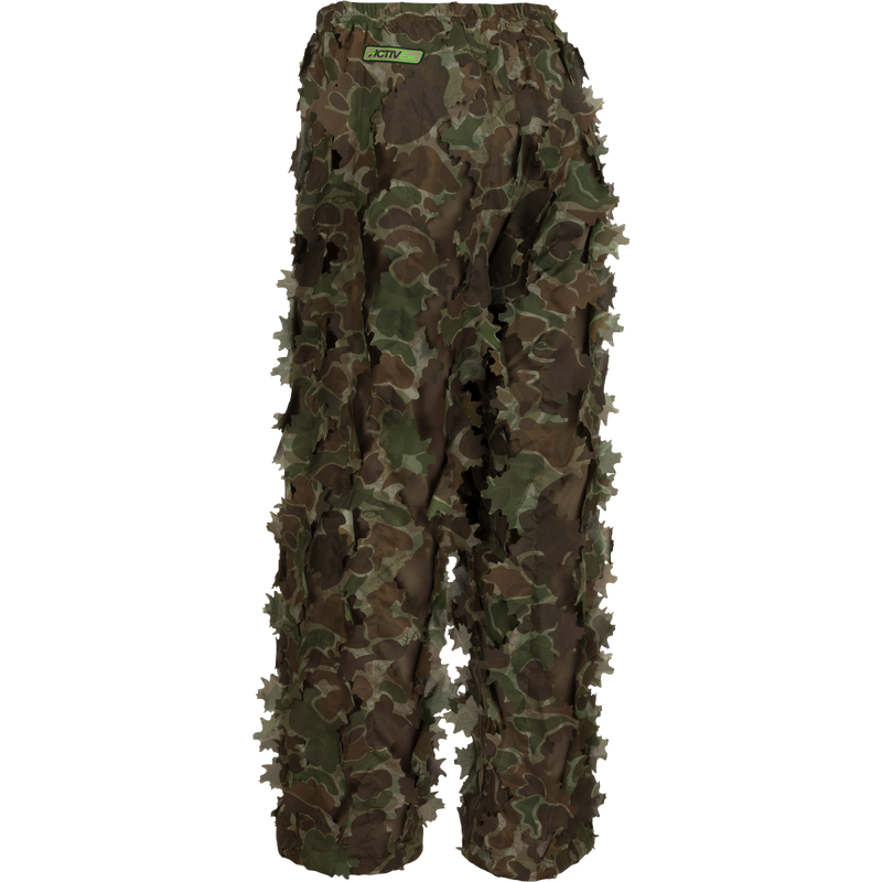 3D Leafy Pant with Agion Active XL™, a camouflage clothing item for hunting, featuring a leafy pattern cutout for complete concealment. Made of 100% polyester high gauge stretch interlock fabric with Agion Active XL™ scent control technology. Perfect for deer season and stalking prey.