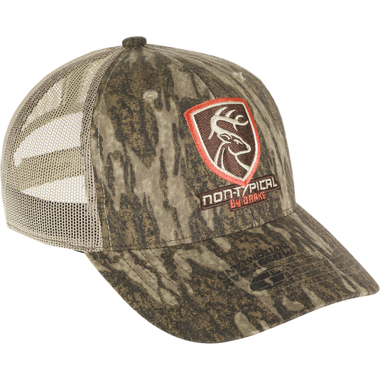 Non-Typical Logo Camo Mesh Back Cap, a hat with a logo on it. Made with 100% cotton twill front panels and breathable mesh on the back. Features a rear hook and loop closure.