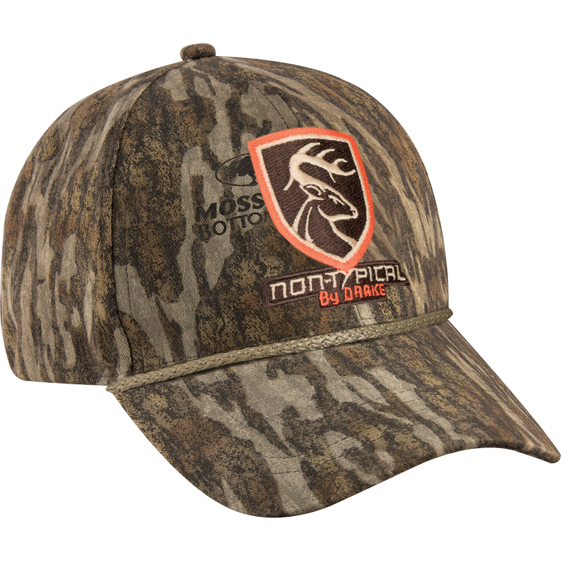 A Non-Typical 5-Panel Cap with camouflage pattern, featuring the Non-Typical logo. Made of 100% cotton twill fabric, with a hook & loop closure. Perfect for hunting and outdoor activities.