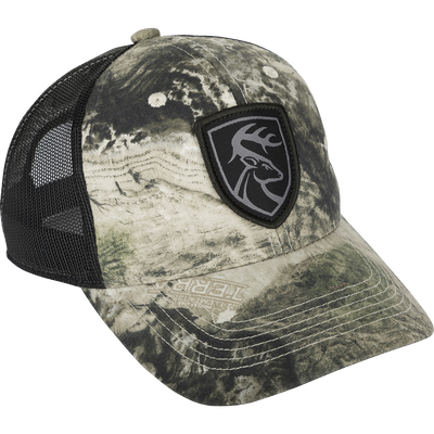 Mesh-Back Patch Logo Cap - Mossy Oak Terra Coyote: A cotton twill cap with a logo on the front and breathable mesh on the back. Features a snap closure for adjustable fit.