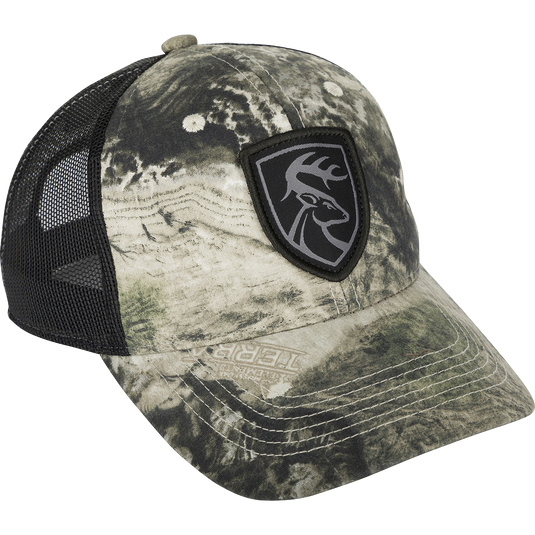 Mesh-Back Patch Logo Cap - Mossy Oak Terra Coyote: A cotton twill cap with a logo on the front and breathable mesh on the back. Features a snap closure for adjustable fit.