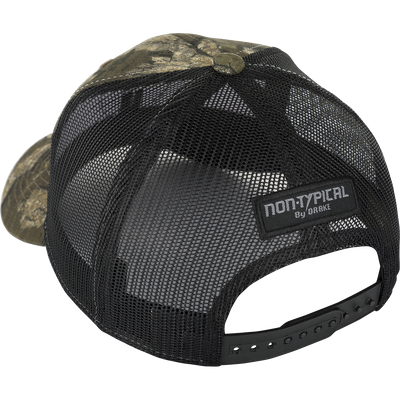 A black and green hat with a mesh back featuring the New Non-Typical logo on the front. Made with 100% cotton twill and breathable mesh. Rear snap closure.