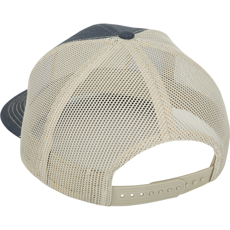 A close-up of the Take A Stand Scenic Patch Mesh-Back Cap, a white and grey hat made with 100% cotton twill front panels and breathable mesh on the back. Features a rear snap closure.