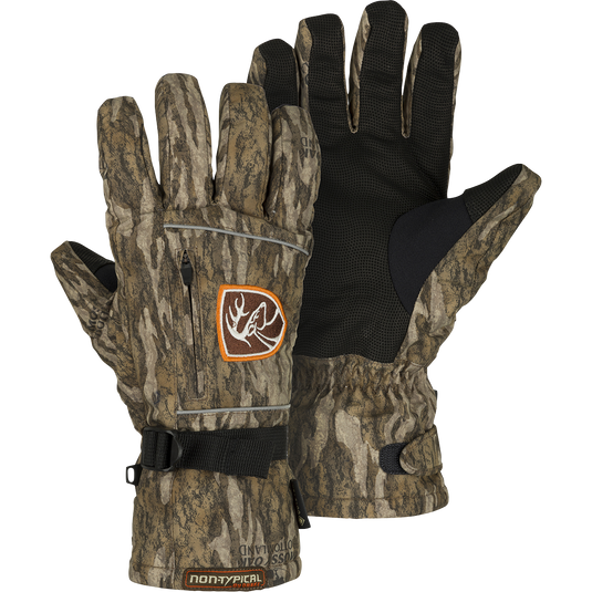A pair of Non-Typical Refuge HS Gore-Tex Gloves 2.0, featuring a logo, dual-zone insulation, and a digitized goat skin leather palm, ideal for hunting.