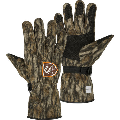 Non-Typical MST Windstopper Fleece Camo Shooter's Gloves with logo, leather palm, and neoprene cuff. Windproof and perfect for winter weather.