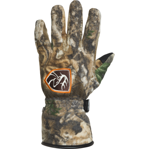 Non-Typical MST Windstopper Fleece Camo Shooter's Gloves with logo patch, leather palm, and neoprene cuff for winter hunting.
