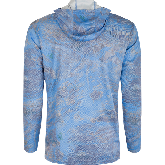 Performance Realtree Aspect Dot Long Sleeve Hoodie, a lightweight and breathable garment with built-in cooling, UPF 50 sun protection, and moisture-wicking technology. Features an unconstructed hood for extra sun protection. Ideal for outdoor activities like fishing and beach outings.
