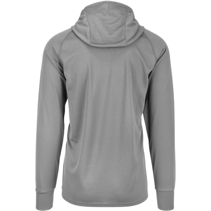A versatile Performance Mesh Hoodie with an unconstructed hood and zippered neck opening. Features include built-in stretch, UPF 50 sun protection, moisture-wicking, and quick-drying fabric. Thumbholes provide added sleeve protection. Stay cool and protected all season with the DPF Performance Mesh Hoodie.