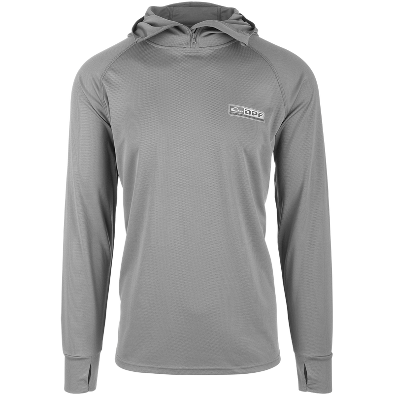 A grey long sleeved Performance Mesh Hoodie with a logo on it, featuring a zippered neck opening and unconstructed hood. Lightweight, quick-drying, and moisture-wicking fabric with UPF 50 sun protection. Thumb loops and square hem for versatile wear. Stay cool and protected all season.