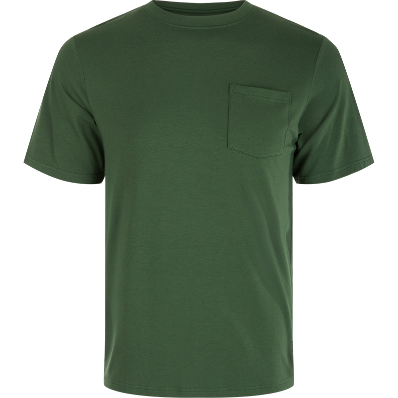 A close-up of the Drake Waterfowl Bamboo Short Sleeve Pocket Crew, showcasing its buttery soft bamboo blend fabric and built-in stretch. Lightweight, moisture-wicking, and quick-drying, this crew neck shirt offers natural odor resistance. Perfect for outdoor activities.