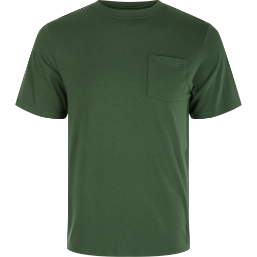 A close-up of the Drake Waterfowl Bamboo Short Sleeve Pocket Crew, showcasing its buttery soft bamboo blend fabric and built-in stretch. Lightweight, moisture-wicking, and quick-drying, this crew neck shirt offers natural odor resistance. Perfect for outdoor activities.