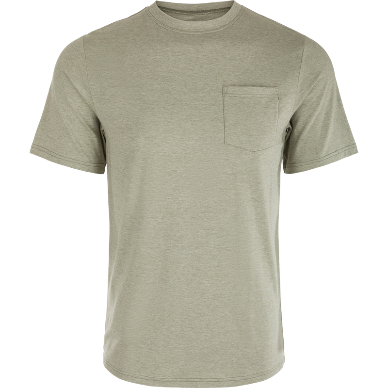 A close-up of the Bamboo Short Sleeve Pocket Crew, a soft and breathable shirt with a pocket. Lightweight, moisture-wicking, and quick-drying.